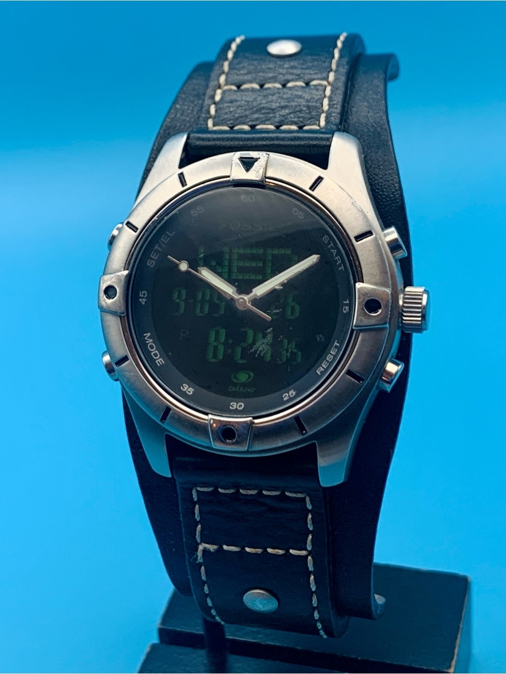 FOSSIL BLUE BQ-9167 Men’s Rare Vintage Ana-Dig Wristwatch Chrono Works New Batt